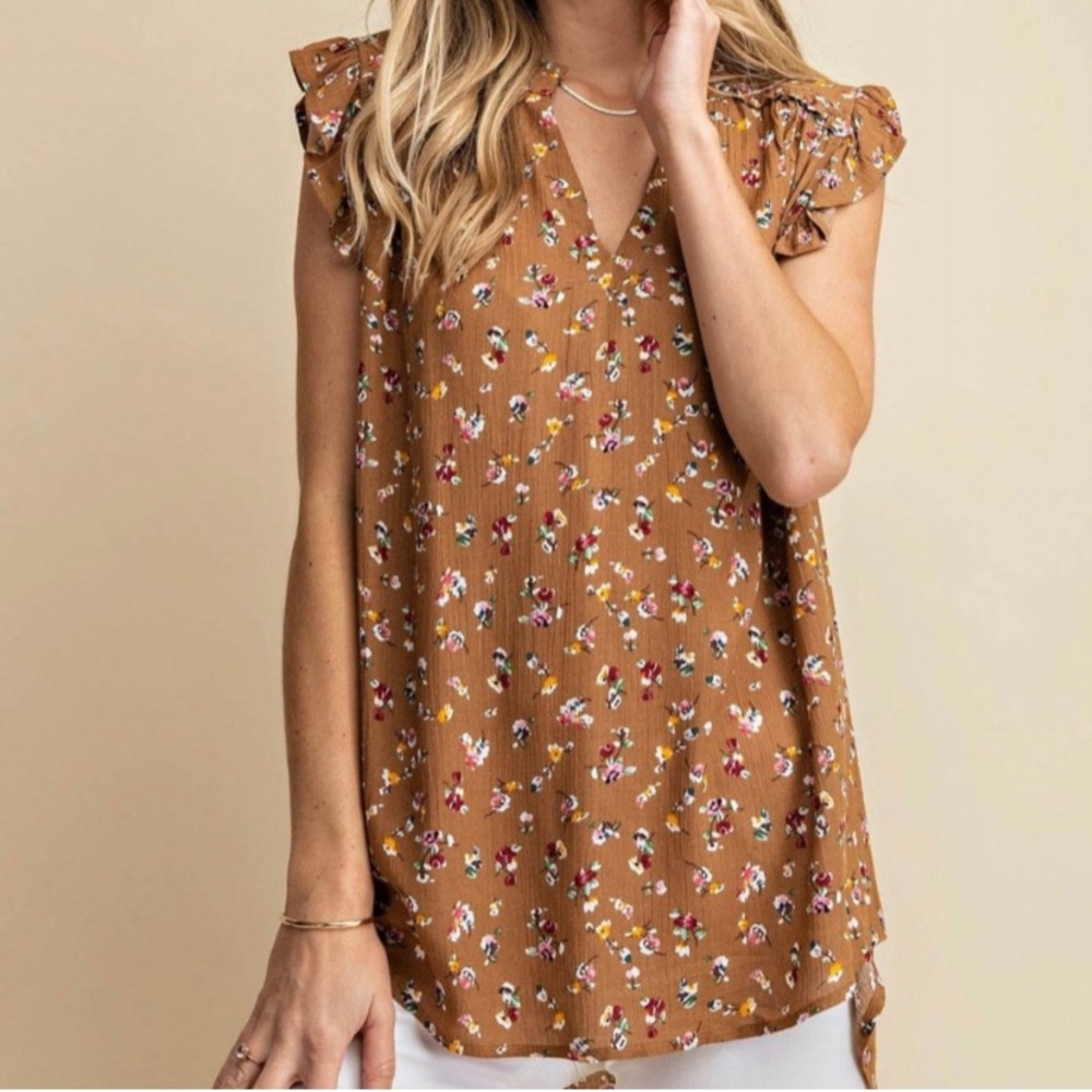 Olive & Leaf V-Neck Hi-Lo Floral Ruffle Top Brown NWT Small